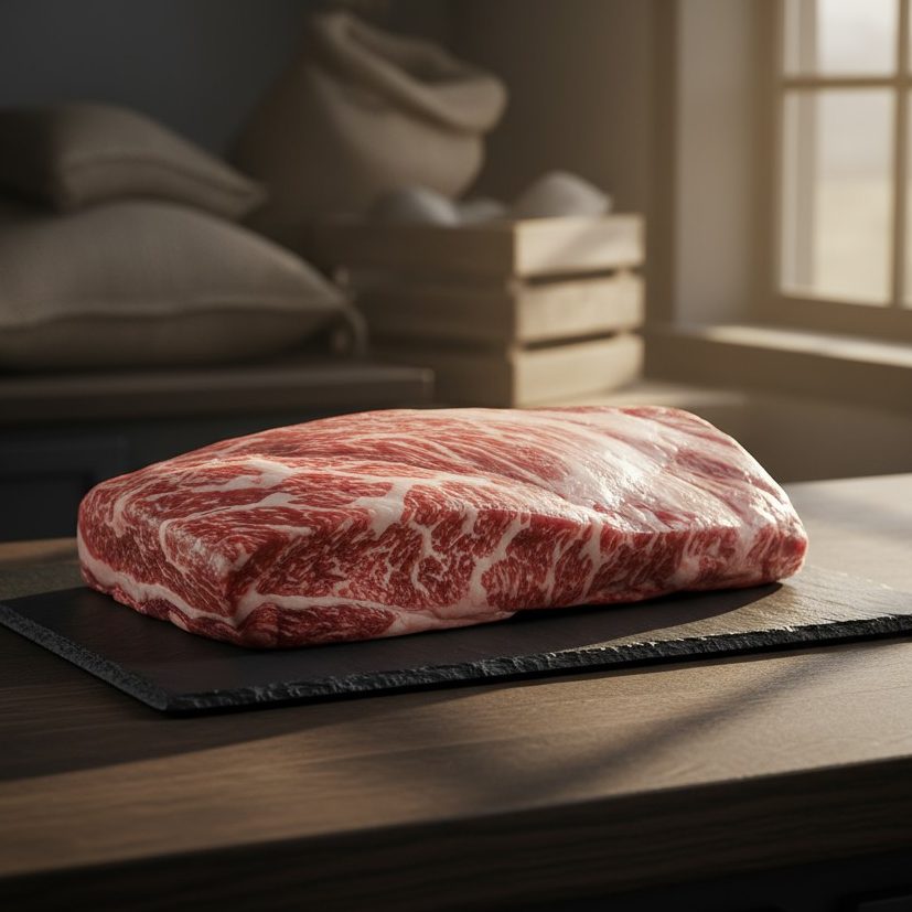 A large piece of raw meat on a cutting board, sitting on a table under natural light from a window.